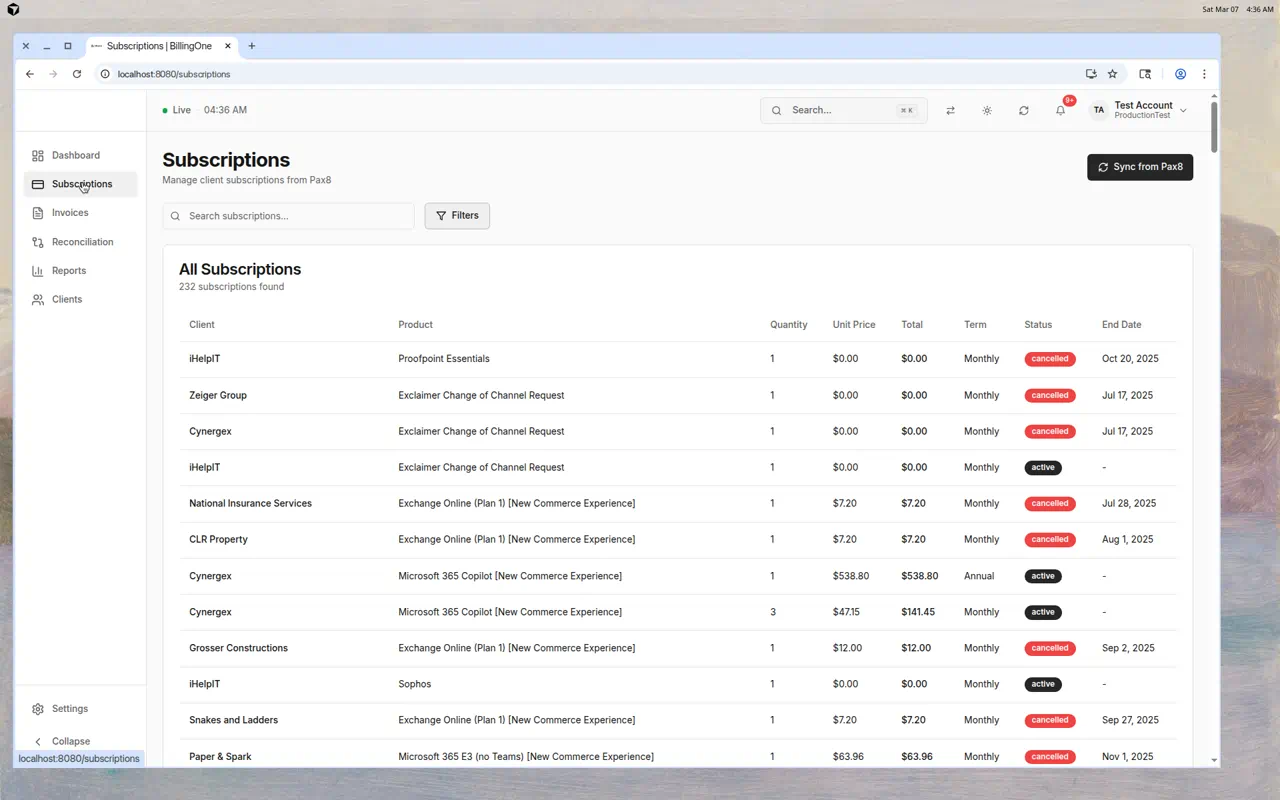 Subscriptions Page